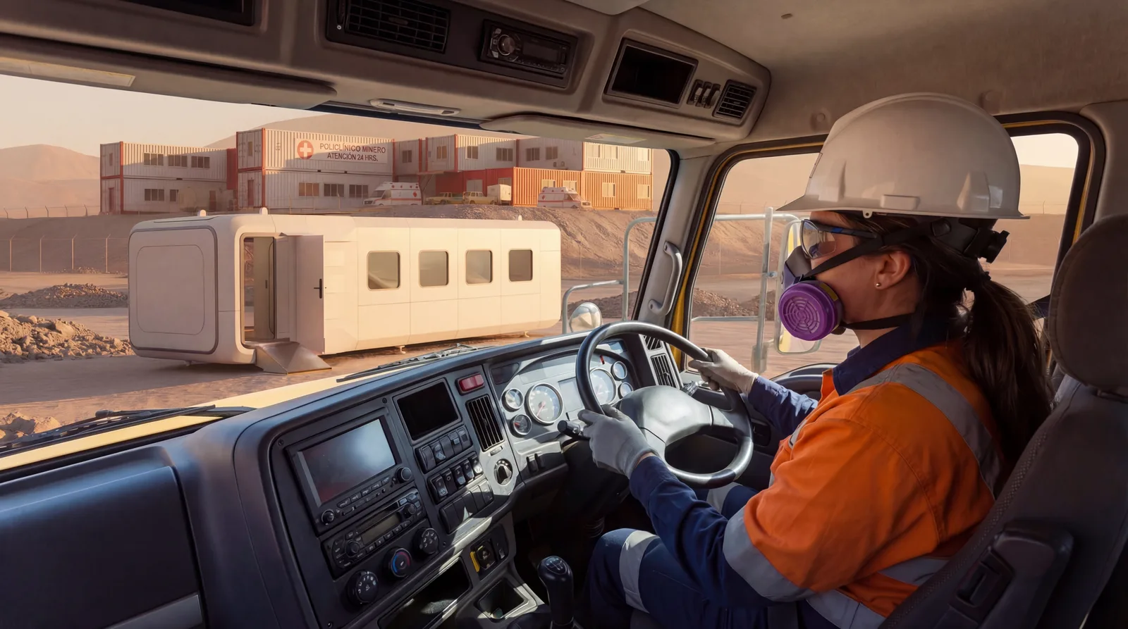 Operadora de minería junto a cabina NOA en faena.
